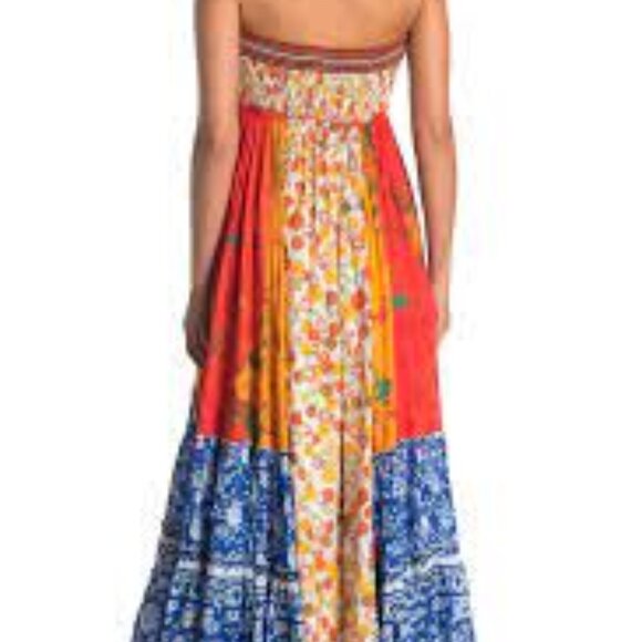 Free People Golden Dreams mixed print Strapless Ruffle Maxi Dress Size Medium - Picture 8 of 12